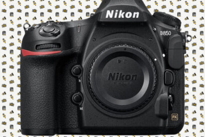 Nikon D850 with camera icon background
