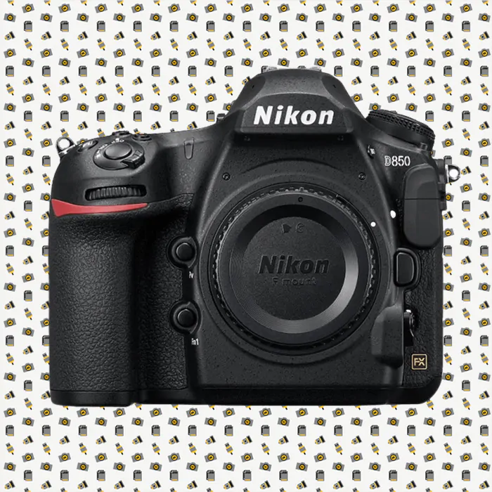 Nikon D850 with camera icon background