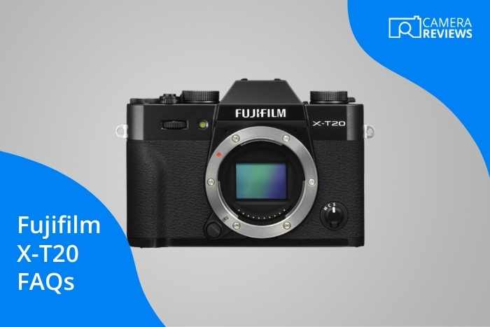 Fujifilm X-T20 camera product image and FAQs section title text on colorful background