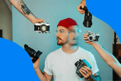 a composite photo of a photographer surrounded by cameras