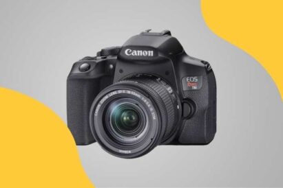 Best Camera for Family Photography - Canon EOS Rebel T8i camera with funky pattern background