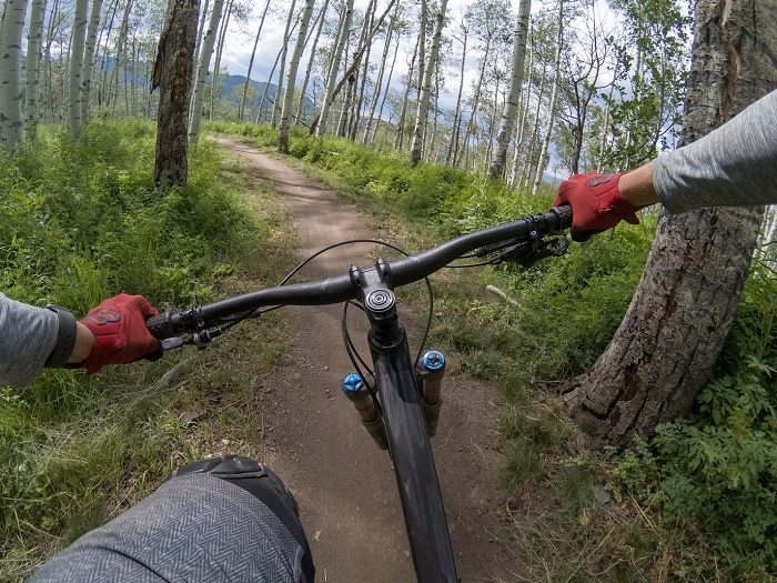 POV of a mountain biker riding through woodland