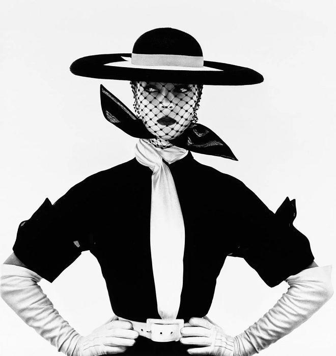Black and white fashion photo of woman in a round hat with netting of the face