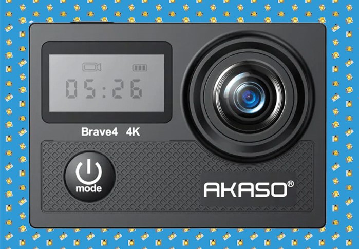 Akaso brave 4 action camera with blue pattern background