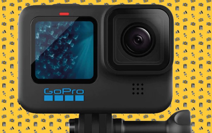 Our best action camera GoPro Hero 11 with funky yellow pattern background