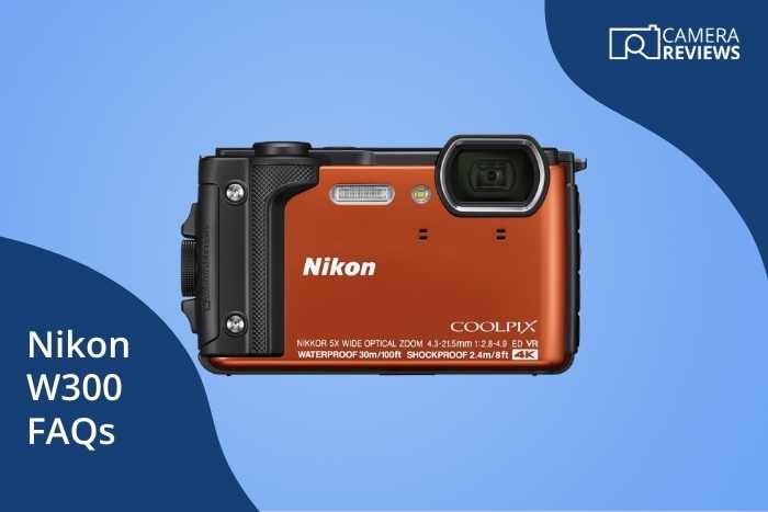Nikon W300 camera product image and FAQs section title text on colorful background