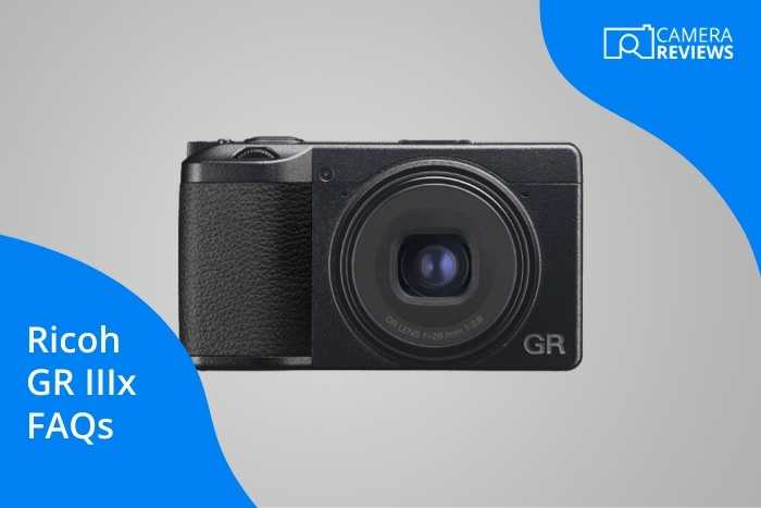 Ricoh GR IIIx camera product image and FAQs section title text on colorful background