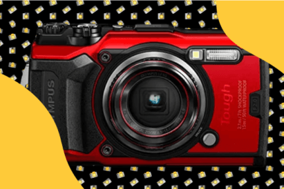 Olympus Tough TG-6 Red Product Image on jazzy background as our best rugged camera