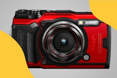 Olympus Tough TG-6 Red Product Image on jazzy background as our best rugged camera