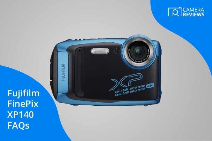 Fujifilm FinePix XP140 camera product image and FAQs section title text on colorful background