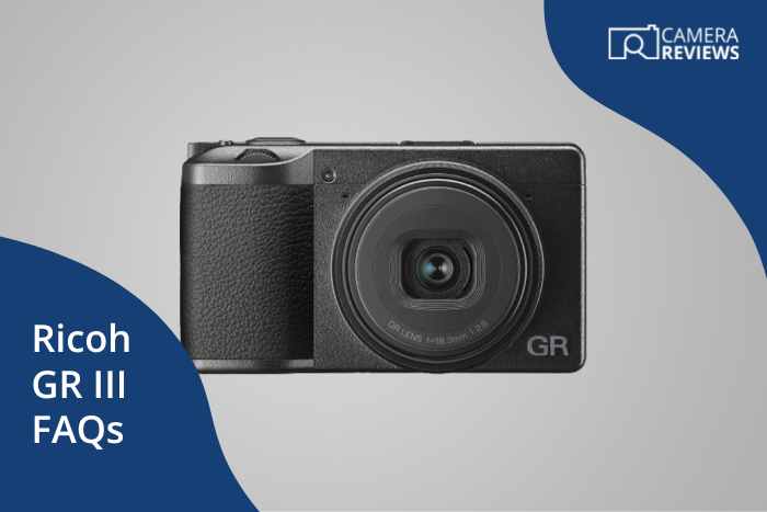 Ricoh GR III camera product image and FAQs section title text on colorful background