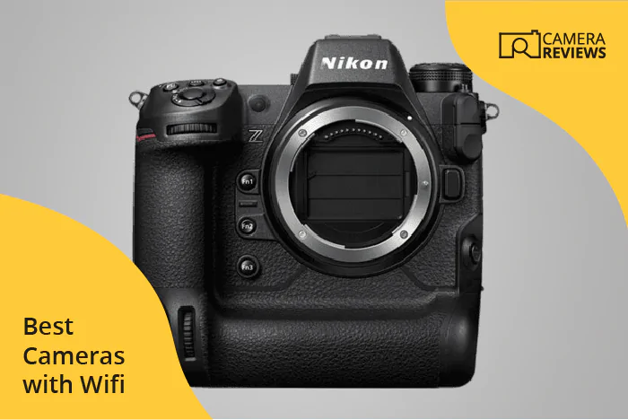 Photo of the Nikon Z9 - our best cameras with WiFi on a colourful patterned background 