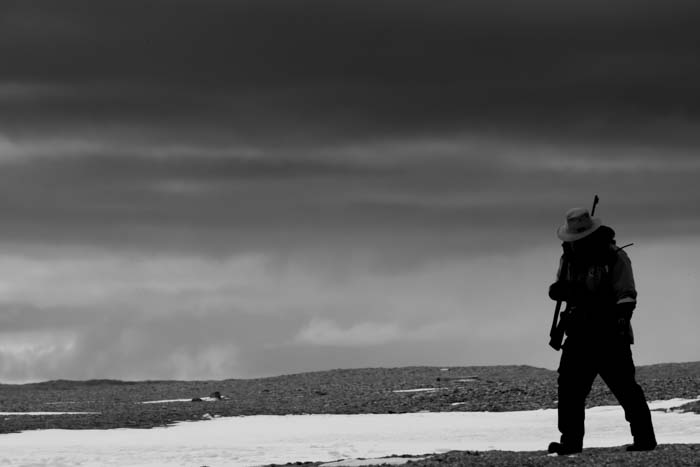 A black-and-white photo of a man with a rifle slung over his shoulder walking across flat, rocky ground in snow
