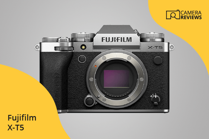 Fujifilm X-T5 photographed on a colored background