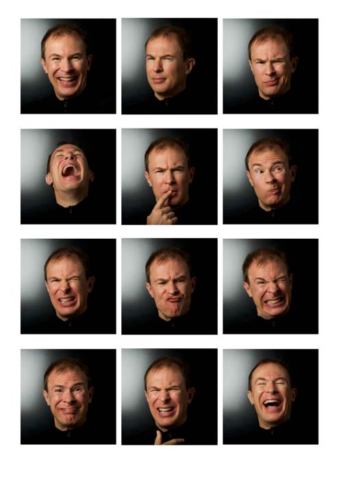 12 self-portraits of a man with different facial expressions and emotions