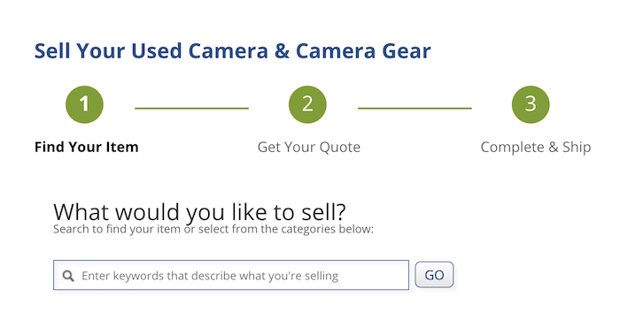 Screenshot of B&H selling portal for used photo gear