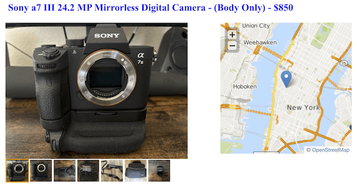Screenshot of a Craigslist posting for a Sony a7 III in New York City