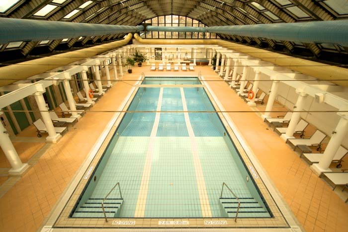Overhead view of an indoor swimming pool