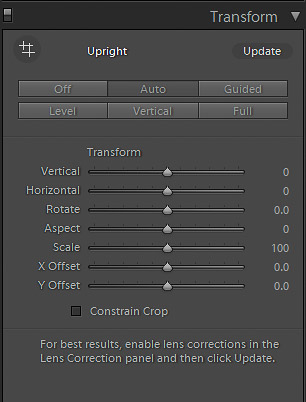 A screenshot of the Transform sliders in Lightroom for correcting perspective when cropping in photography