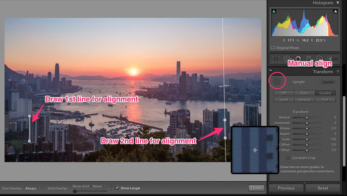 A screenshot of drawing alignment lines for cropping photos in Lightroom