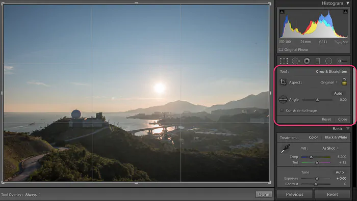 A screenshot of how to crop a picture in Lightroom with the Crop & Straighten tool panel highlighted