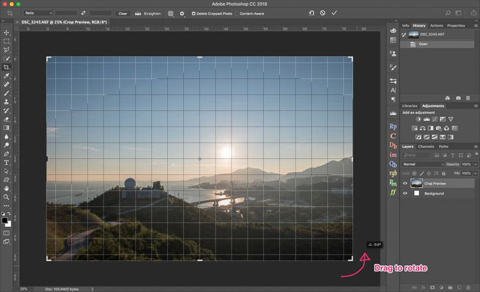 A screenshot of how to rotate a photograph in Photoshop using the Crop tool