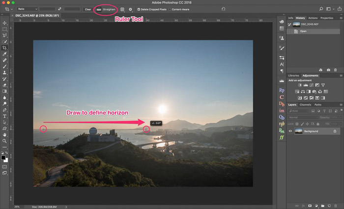 A screenshot of how to level a horizon in Photoshop using the ruler with the Crop tool