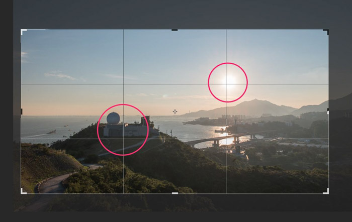 A screenshot of cropping a travel photo in Lightroom using diagonal points with the rule of thirds