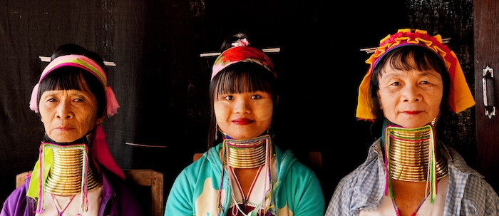 Portraits of three Kayan women in Burma